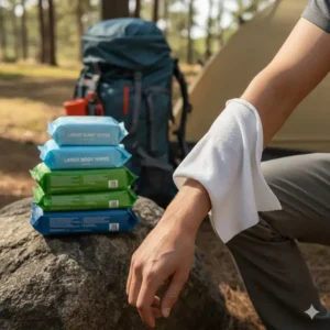 A stack of best wipes for camping (large body wipes), highlighting their size for full-body cleaning and freshness on the trail.