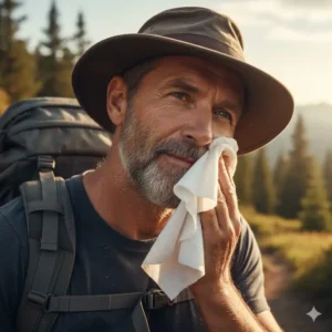A hiker wiping their face and neck with bathing wipes for camping after a long day on the trail.