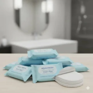 Close-up of individually wrapped shower wipes, ideal for travel and on-the-go cleansing.