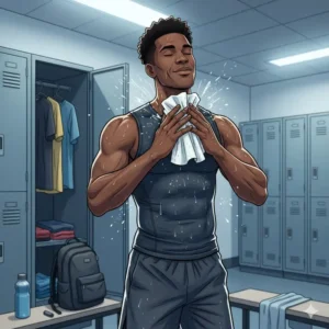 Athlete using a body wash wipe to quickly refresh and clean their skin after an intense workout at the gym.