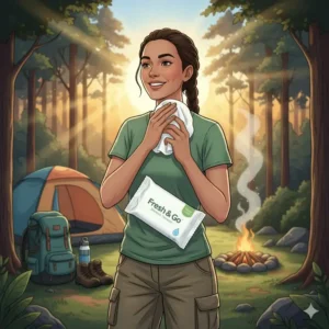 Person using a shower towelette to quickly freshen up while camping, highlighting the convenience of waterless bathing on the go.