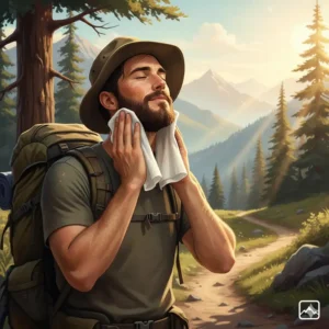 Hiker using a body wipe for camping to quickly clean sweat and dirt from their face and neck after a long, dusty trail hike.