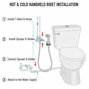 Diagram illustrating the simple installation of a handheld bidet sprayer hot and cold unit connected to the toilet water supply line.