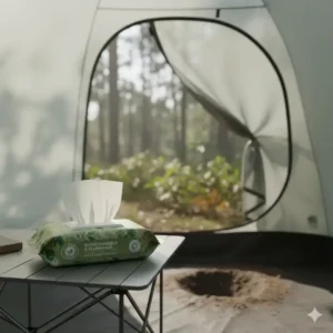 A package of best wipes for camping (biodegradable toilet wipes), emphasizing their eco-friendliness for safe disposal in the outdoors.