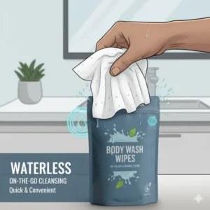 A hand demonstrating how the pre-moistened body wash wipes provide a practical, waterless cleansing solution for the body.
