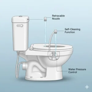 Diagram showing the self-cleaning or retractable nozzle on the manual bidet seat, emphasizing cleanliness and easy maintenance.