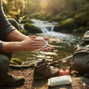 A person gently cleaning their hands with $\text{biodegradable wet wipes for camping}$ beside a stream.