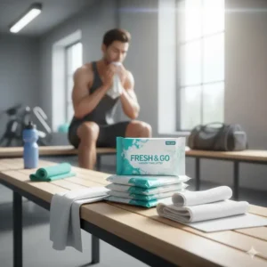 A stack of soft, pre-moistened shower towelettes ready for use after an intense gym session or workout.