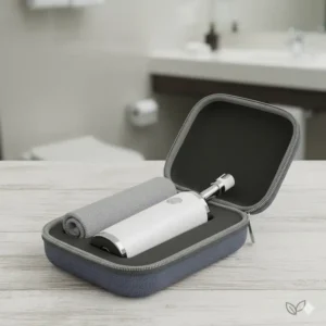 Compact travel battery operated bidet packed neatly inside a small, discreet carrying case.