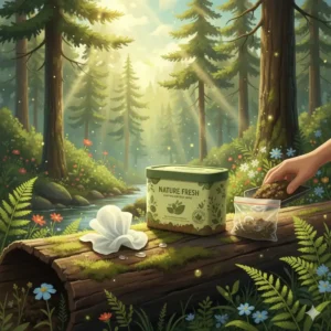 Biodegradable body wipes for camping container resting on a log, emphasizing eco-friendly and responsible disposal while camping.