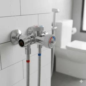 Close-up view of the handheld bidet sprayer hot and cold mixing T-valve used for accurate temperature and flow control.