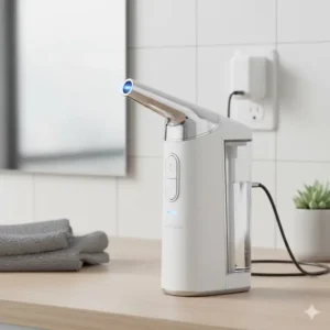 Showing the USB charging port on the side of a battery operated bidet, emphasizing its rechargeable nature.