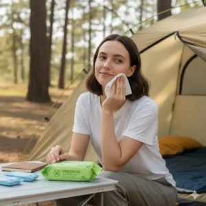 Best wipes for camping (unscented wipes for sensitive skin) in a camping context, showing a gentle, hypoallergenic option for personal hygiene.