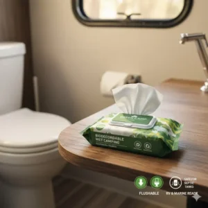 Package highlighting key features like flushable and safe for septic tanks, crucial for $\text{biodegradable wet wipes for camping}$ in RV or campsite use.