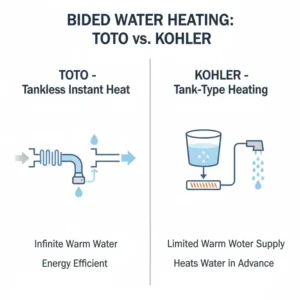 Infographic comparing the tankless instant water heating of high-end TOTO bidets with the tank-type heating of some Kohler models, for Kohler vs Toto bidet analysis.