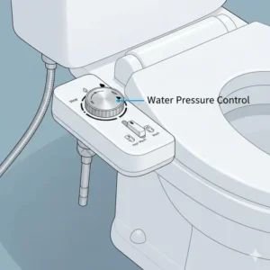 Close-up illustration of the physical control dial or lever used to adjust the manual bidet toilet seat's water pressure without electricity.