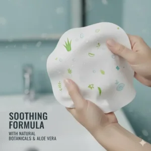 Close-up of the textured fabric of the body wash wipes, emphasizing the soothing formula, possibly with an illustration of aloe vera or natural ingredients.