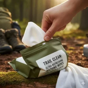 Detail of the resealable packaging on these bathing wipes for camping, ensuring they stay moist and fresh for travel.