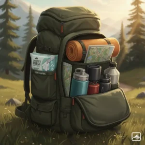 Compact, sealed pack of body wipes for camping packed efficiently inside a hiking backpack to save space.