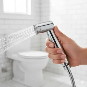 User's hand demonstrating the adjustable water pressure mechanism on a premium handheld bidet sprayer hot and cold.