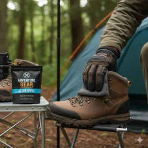 Specialized gear-cleaning best wipes for camping being used to quickly clean dirt off camping equipment like a tent pole or hiking boot.