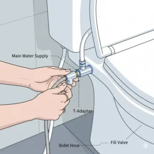 Simple illustration of a person installing the T-adapter and hose connection for a quick and easy manual bidet toilet seat setup.