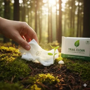 An illustration emphasizing these are biodegradable bathing wipes for camping, safe for the environment and gentle on the skin.
