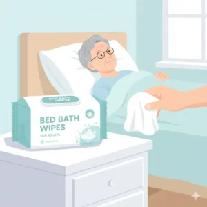 Gentle body wash wipes for adults placed next to a person in bed, suitable for bedside care.