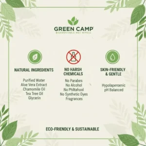 Infographic or label showing the natural ingredients and listing "no parabens or alcohol" for skin-friendly $\text{biodegradable wet wipes for camping}$.