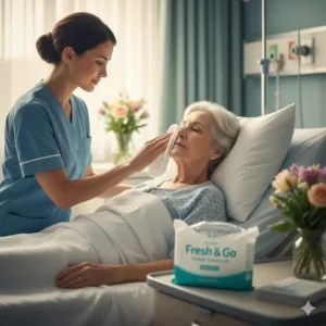 Gentle, pH-balanced shower towelettes being used for comfortable, waterless bathing for the elderly or bedridden patients.