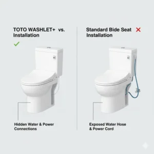 Diagram illustrating the seamless look of a TOTO WASHLET+ system with hidden cords, a design point in Kohler vs Toto bidet.