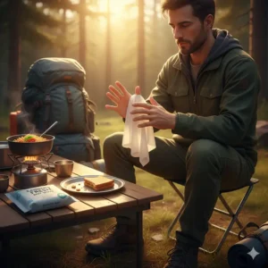 Using a large body wipe for camping to sanitize hands and fingers before preparing or eating a meal at a campsite.