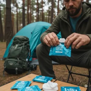 Best wipes for camping (individually wrapped camping wipes) or towelettes, demonstrating their convenience and portability for backpackers.
