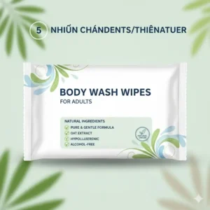 Packaging highlighting the natural ingredients of body wash wipes for adults for sensitive skin.