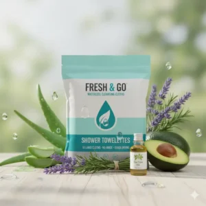 A visual representation of the soothing ingredients, like aloe vera and essential oils, found in the moisturizing shower towelettes.