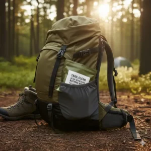 A compact pack of bathing wipes for camping fitting easily into a side pocket of a backpack, showing their convenience for backpacking.