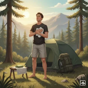 A person cleaning their entire body with shower body wipes for camping outside their tent as a waterless bathing solution.