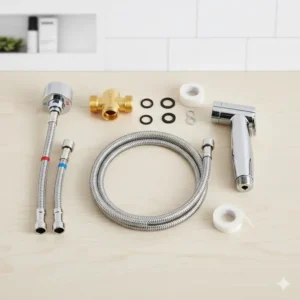 The full set of a handheld bidet sprayer hot and cold kit, including the sprayer, hose, and mounting hardware laid out on a surface.