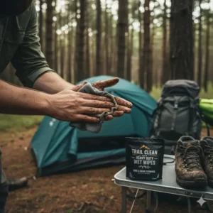 Best wipes for camping (heavy-duty wet wipes) being used to clean hands heavily soiled with mud after setting up camp or hiking.