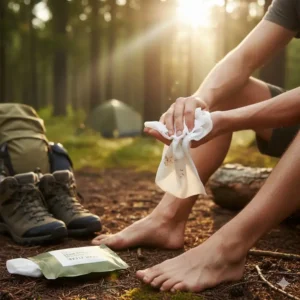 A close-up of someone using one of the bathing wipes for camping to clean muddy hands and feet.