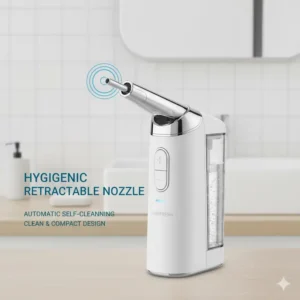 Image of the retractable nozzle on a battery operated bidet demonstrating its hygienic design.