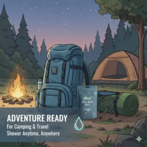 Body wash wipes resting next to camping or backpacking gear, suggesting their use for showering while traveling or outdoors.