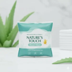Packaging highlighting soothing ingredients like Aloe Vera and Vitamin E in premium shower wipes.