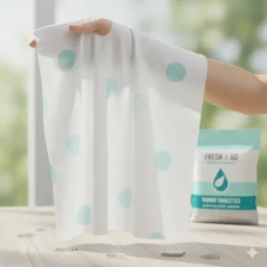 Comparing the generous, extra-large size of the shower towelette against a hand to show full-body coverage.