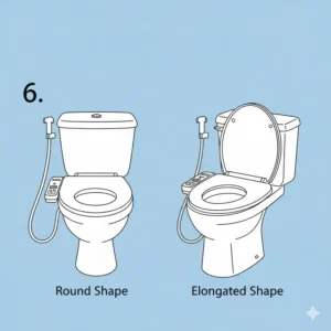 Illustration comparing the compatibility of a manual bidet toilet seat with both round and elongated toilet bowls.