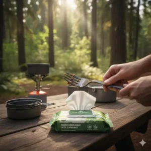 $\text{Multipurpose biodegradable wet wipes for camping}$ being used to clean a dirty cooking utensil or camp gear.