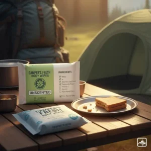 Detail shot of a package highlighting "unscented" and natural ingredients, important features when choosing body wipes for camping.
