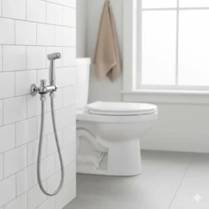 Modern bathroom view with the handheld bidet sprayer hot and cold neatly mounted on the wall next to the toilet.