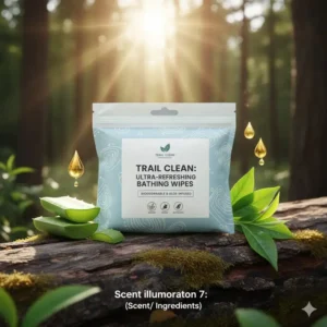 Graphic showing key natural ingredients (like Aloe Vera) used in the bathing wipes for camping, highlighting skin-friendliness.