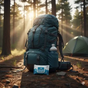 A best wipes for camping (compact package of camping wipes) next to a hiking backpack, illustrating their small size and ease of packing.